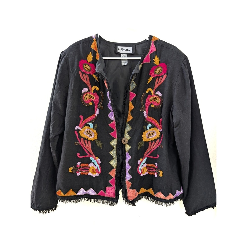 Indigo Moon Embroidered Floral Blazer XL Black Fringe Hem Bohemian